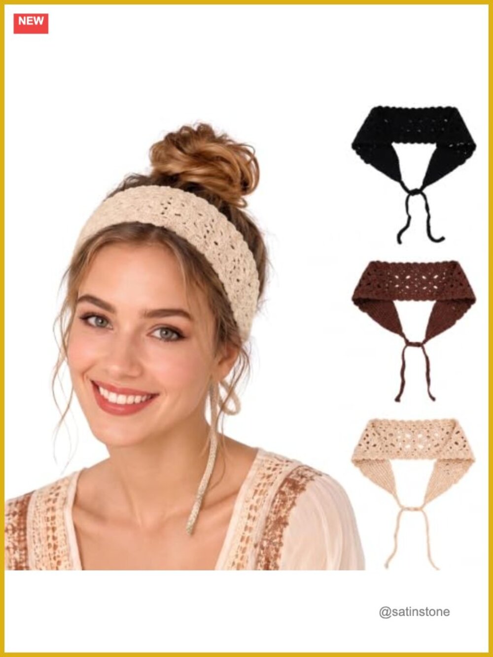 3Pc Boho Crochet Knit Headbands Adjustable Hair Bandana Set